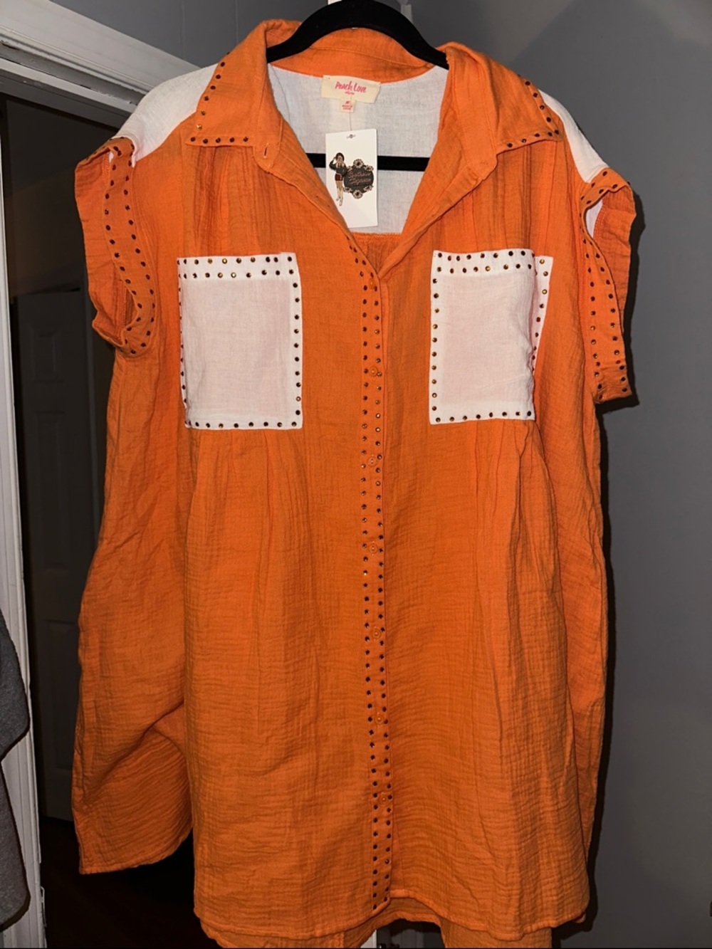 Peach Love California Orange Mini Dress with White Pocket Accents